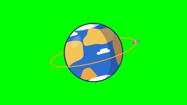 Spinning flat cartoon globe with orbiting satellite on green screen