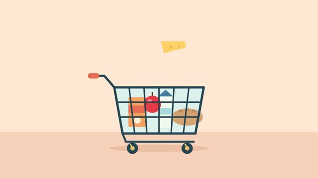 Shopping cart rolling in and filling with groceries flat animation