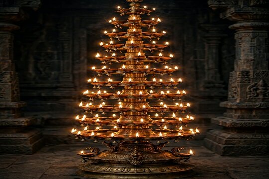 Brass lamp stand with multiple tiers of glowing oil wicks illuminates the dark stone interior of a traditional temple.
