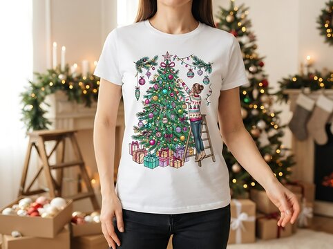 Woman wearing a white t-shirt displaying a decorative christmas tree graphic with graphic tee holiday apparel holiday outfit winter clothing seasonal fashion christmas design t shirt mockup