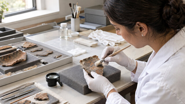 archaeologist cleaning ancient artifact in restoration lab