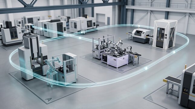 Industrial floor layout plan with interconnected machinery and robotic workstations visualized with glowing blue data paths for optimized logistics and supply chain production workflow