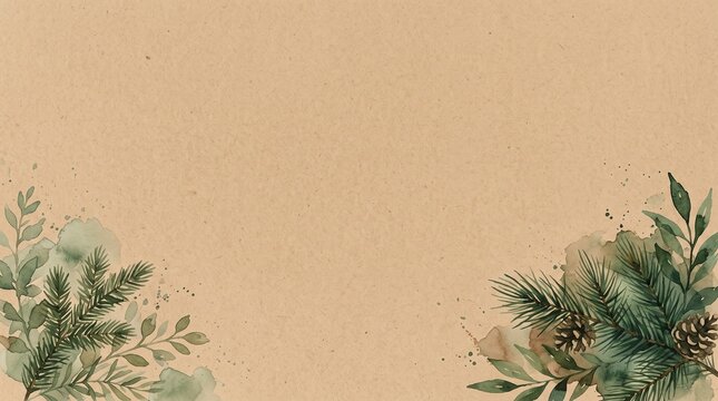 Winter holiday background with pine tree branches and cones on craft paper