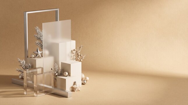 Minimalist beige podium set with geometric shapes and christmas ornaments
