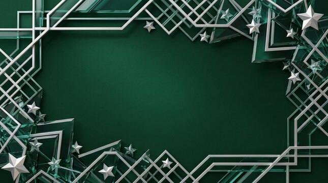 Elegant silver geometric frame with stars on dark green textured background