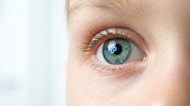 Close up of child eye with blue medical cross reflection for professional medical care services, digital medical care technology concept in ophthalmology, and advanced medical care for vision.