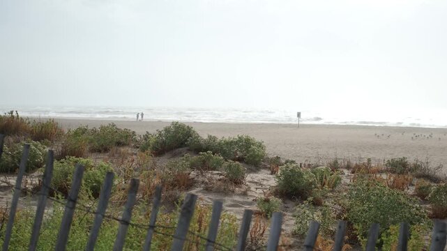 Dune vegetation and a wooden fence separate the beach from the resort. Muted pastel colors. The whitish sky and the silvery sea merge into one another. Tranquility and a meditative escape.