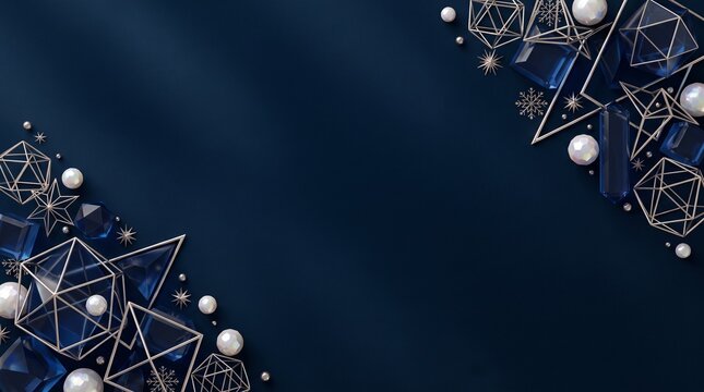 Luxury dark blue background with geometric crystal shapes and pearl decorations