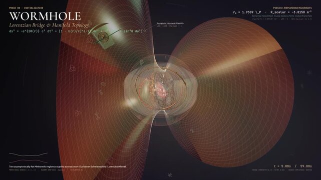 3D animation of a Lorentzian wormhole manifold topology with mathematical equations, illustrating concepts of space-time curvature, catenoid throat, negative energy density, and Einstein lensing
