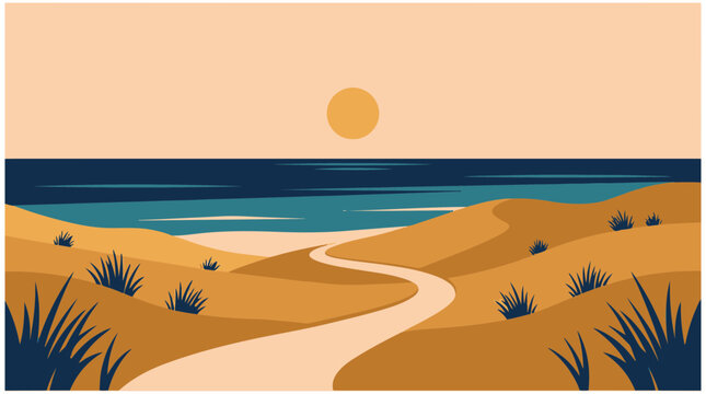 Minimalist coastal landscape vector illustration with sand dunes winding path ocean and sunset sun