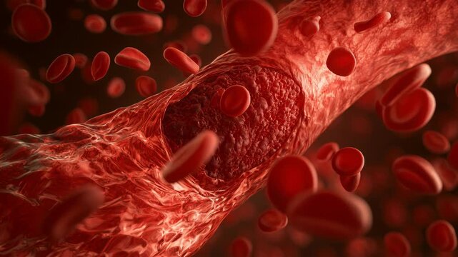 Thrombus formation in a blood vessel with red blood cells flowing through the area