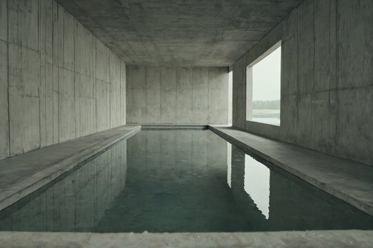 Minimalist Brutalist Concrete Pool Hall with Reflecting Water and Large Window View