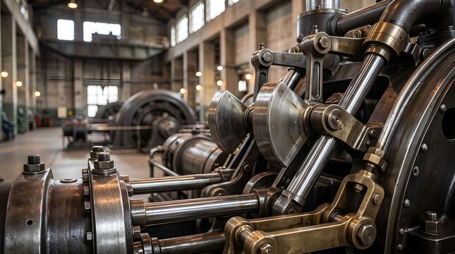 Vintage Industrial Steam Engine Machinery Close Up. Retro Factory Power Plant Generator
