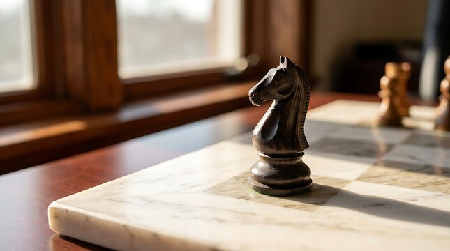 Elegant chess knight piece on a marble board with dramatic sunlight, representing a strategic chess knight move in business competition, classic chess knight close up.