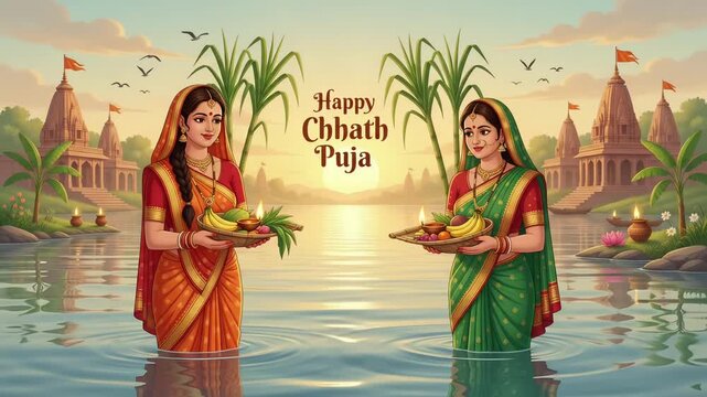Happy Chhath Puja Arghya Ritual with Women in River and Temple Sunset Motion Graphic Background
