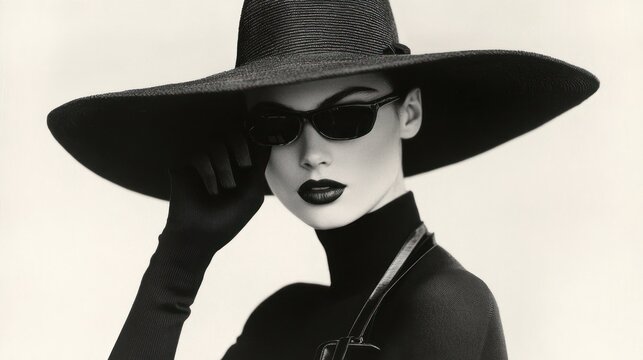 Woman in elegant hat and sunglasses posing