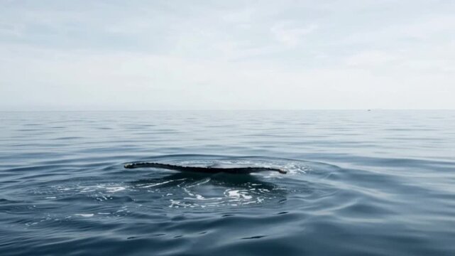 majestic whale tail fluke diving into the calm blue ocean water