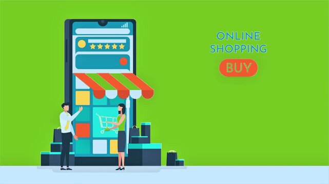 Flat style vector animation showing online shopping on a smartphone screen with customers, products, ratings, and a buy button against a green background.
