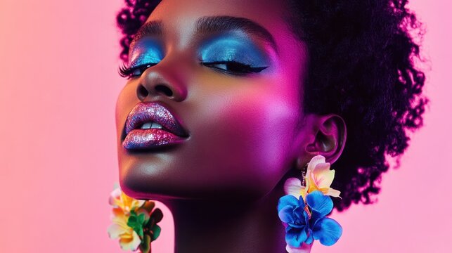 Beautiful woman with vibrant makeup close up portrait