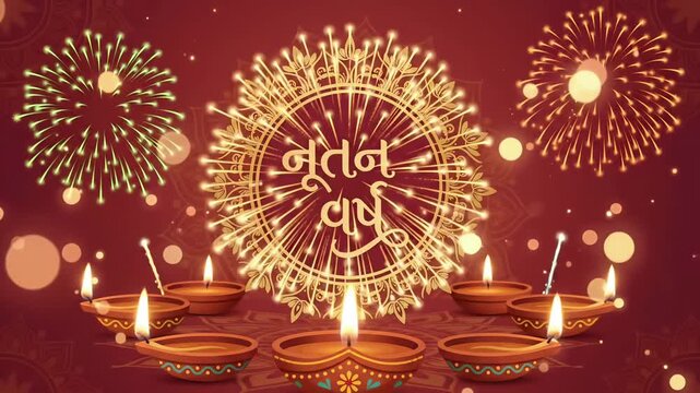 Nutan Varsh Gujarati New Year Festival Greeting Motion Graphic with Diyas, Fireworks, and Mandala
