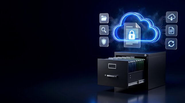 Digital cloud storage concept with filing cabinet and security icons representing data management and online security