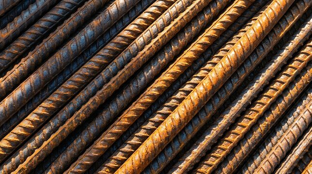 Rusty steel rebar texture, industrial metal reinforcement bars for construction, weathered iron rods background for building engineering