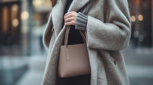 Woman in coat with handbag on city street
