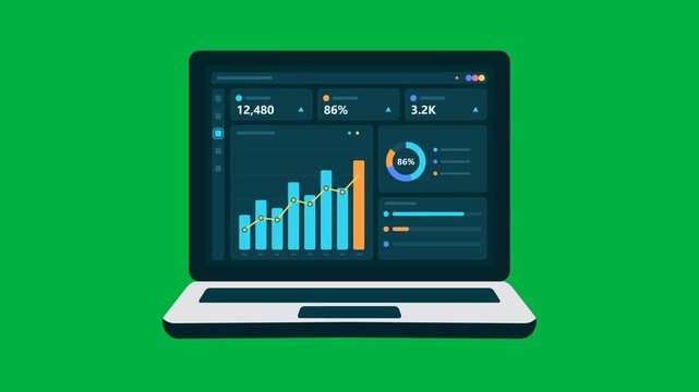 Laptop dashboard animation displaying KPI statistics, bar and line charts, donut chart, and progress indicators for business analytics, data visualization and financial reporting on green screen.