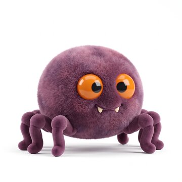 Cute purple fuzzy spider monster with big orange eyes and small fangs