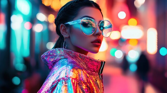 Woman in futuristic glasses and jacket at night