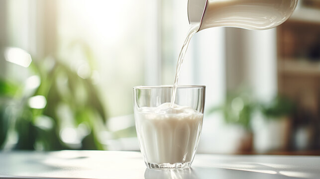 milk pouring into a glass from a pitcher. A morning sunbeam highlights the fresh drink and green plant background.