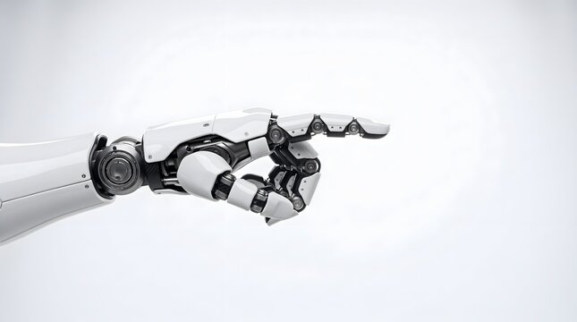 Advanced robotic arm with articulated fingers pointing forward showcasing intricate mechanical details and precision engineering against a clean white background.