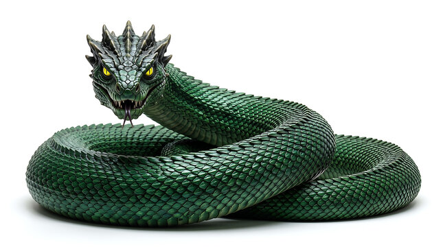 Mythical Green Basilisk Serpent Coiled on White with Piercing Yellow Eyes and Spiked Head