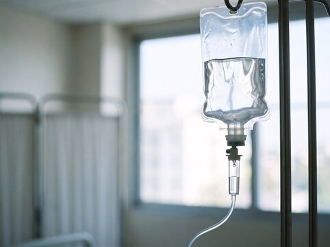 Clear intravenous drip fluid bag hanging on a medical stand in a brightly lit hospital room