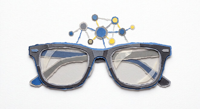 AI Smart Glasses Ripped Paper Craft Illustration Isolated on White Background, Torn Paper Collage Technology Concept Design