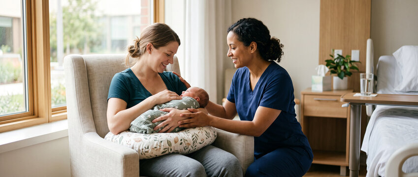 Certified midwife guides new mother on breastfeeding positioning and newborn support using nursing pillow, promoting lactation education, maternal health and postpartum care.