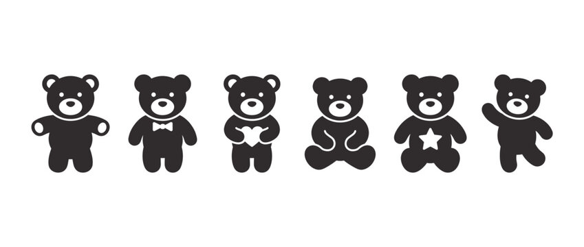 Black teddy bears in sitting and standing poses. Cute bear icons with different shapes. Standing, sitting, hugging, star, heart, bow. Minimalist vector illustration.