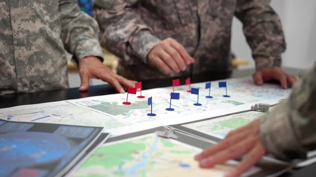Military personnel in camouflage gather around a detailed map with red and blue location pins, planning routes and coordinating a field operation at a table.