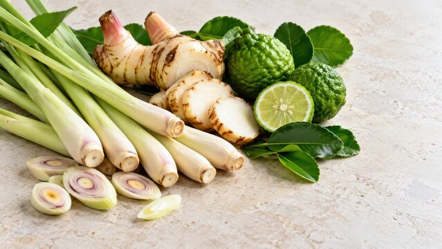 Fresh Ginger, Lemongrass, Kaffir Lime, and Lemon on Light Surface