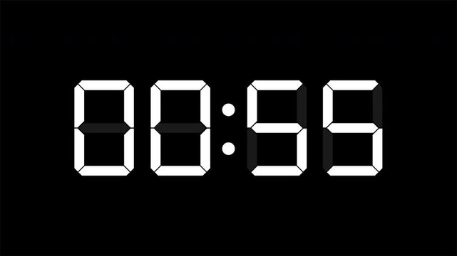 White digital countdown timer with seven segment numerals changing crisply against a pure black background