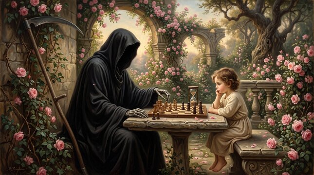 Grim Reaper playing chess with a child in a blooming rose garden