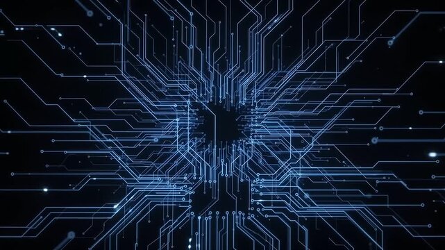Glowing blue circuit board traces with data packet particles moving on a dark background