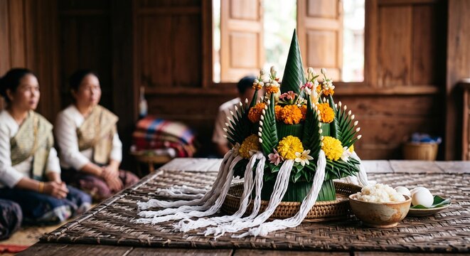 Traditional Thai Baci ceremony tray with flowers and strings inside a rustic wooden house