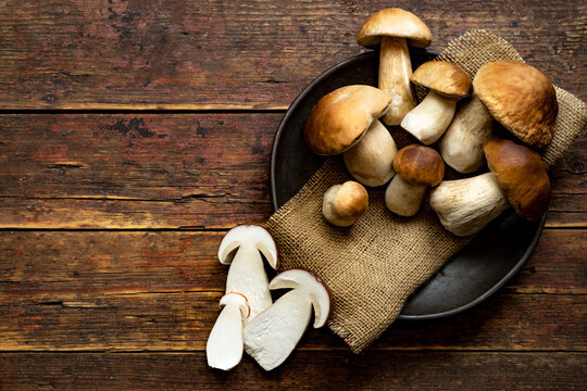 Fresh forest mushrooms, Boletus edulis (king bolete), penny bun, cep, porcini in an old bowl, plate on the wooden dark brown table, top view background banner panorama