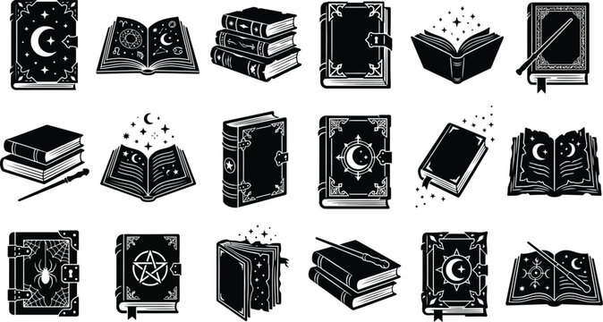 Set of black silhouettes featuring magic spell books, ancient grimoires, wizard wands, and occult symbols isolated on a white background for