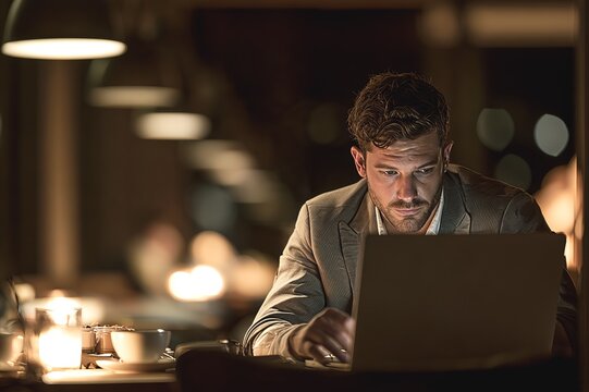 Focused businessman working late on laptop in dim caf&eacute; with warm lights