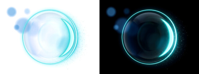 Sphere with a glowing aqua rim and blurred bokeh circles in PNG, Transparent and Black Background Versions for overlays © Nyxthrasza