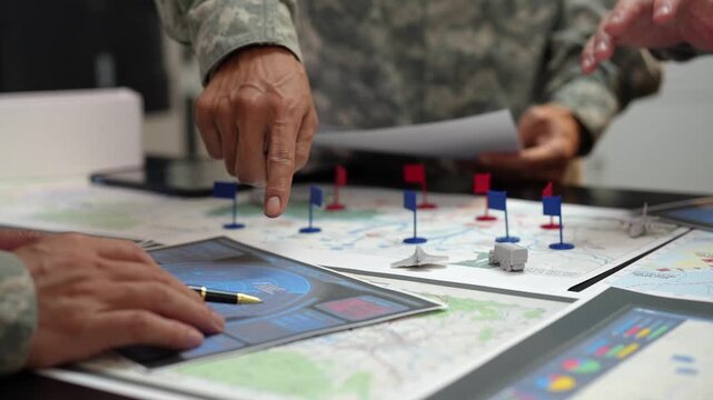 Military personnel review maps and tactical planning documents on a table, using markers, small flags and a digital tablet during a strategy briefing.