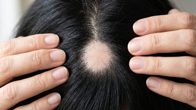Close Up of Scalp With Round Bald Patch Alopecia Areata Hair Loss Problem and Trichology Concept