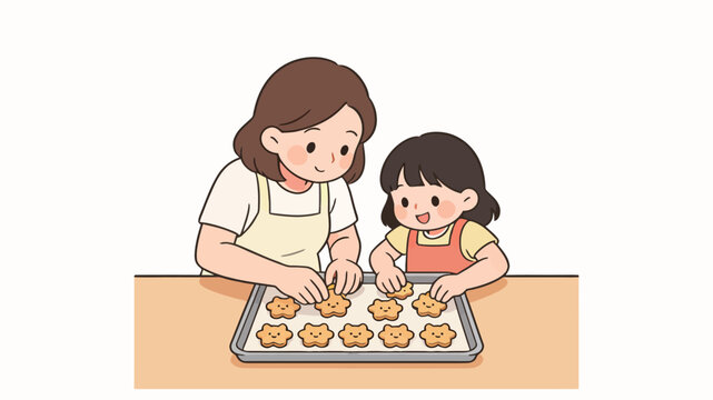 Charming cartoon illustration of a mother and daughter happily baking star-shaped cookies with smiles on a kitchen table, cozy